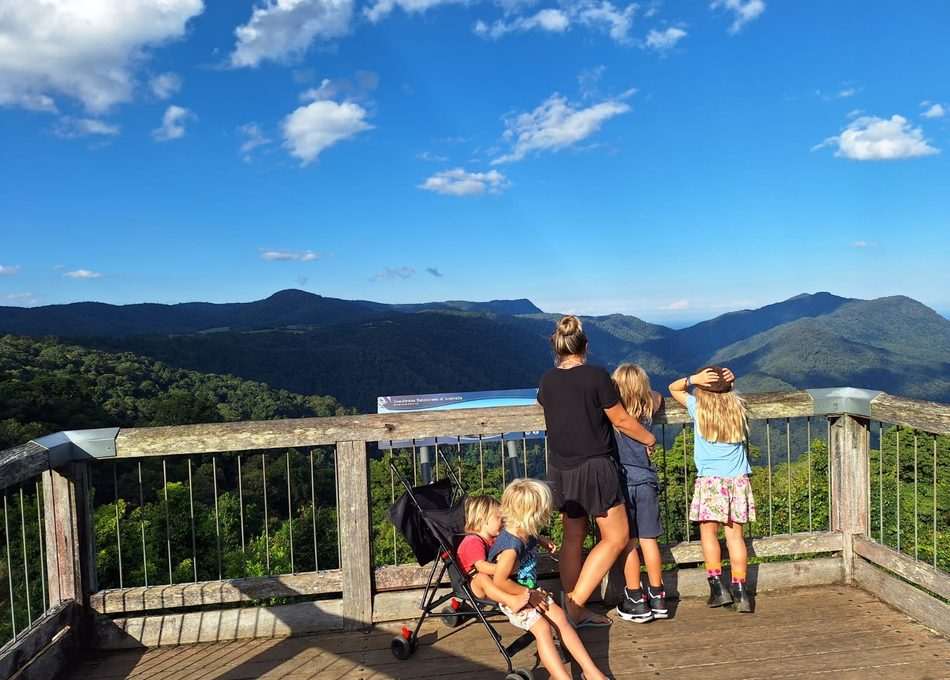 Children looking out over mountains
